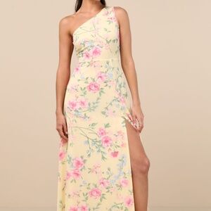 Lulus Elegant Admiration Pale Yellow Floral One-shoulder Maxi Dress - Size S